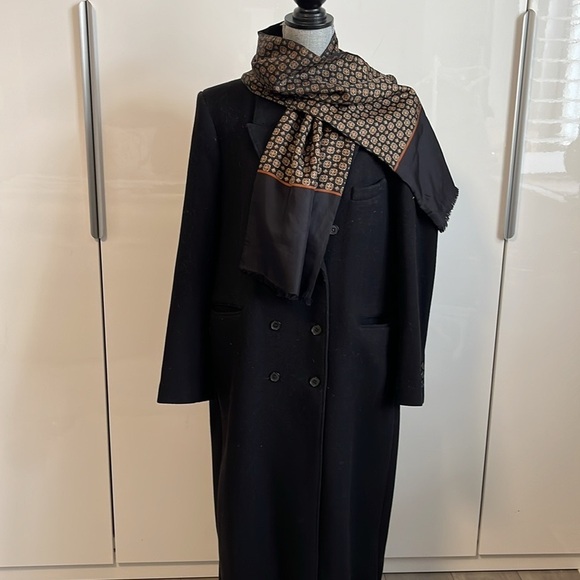 Vintage Silk Wool Black Brown Patterned Double Sided Scarf - Picture 7 of 7